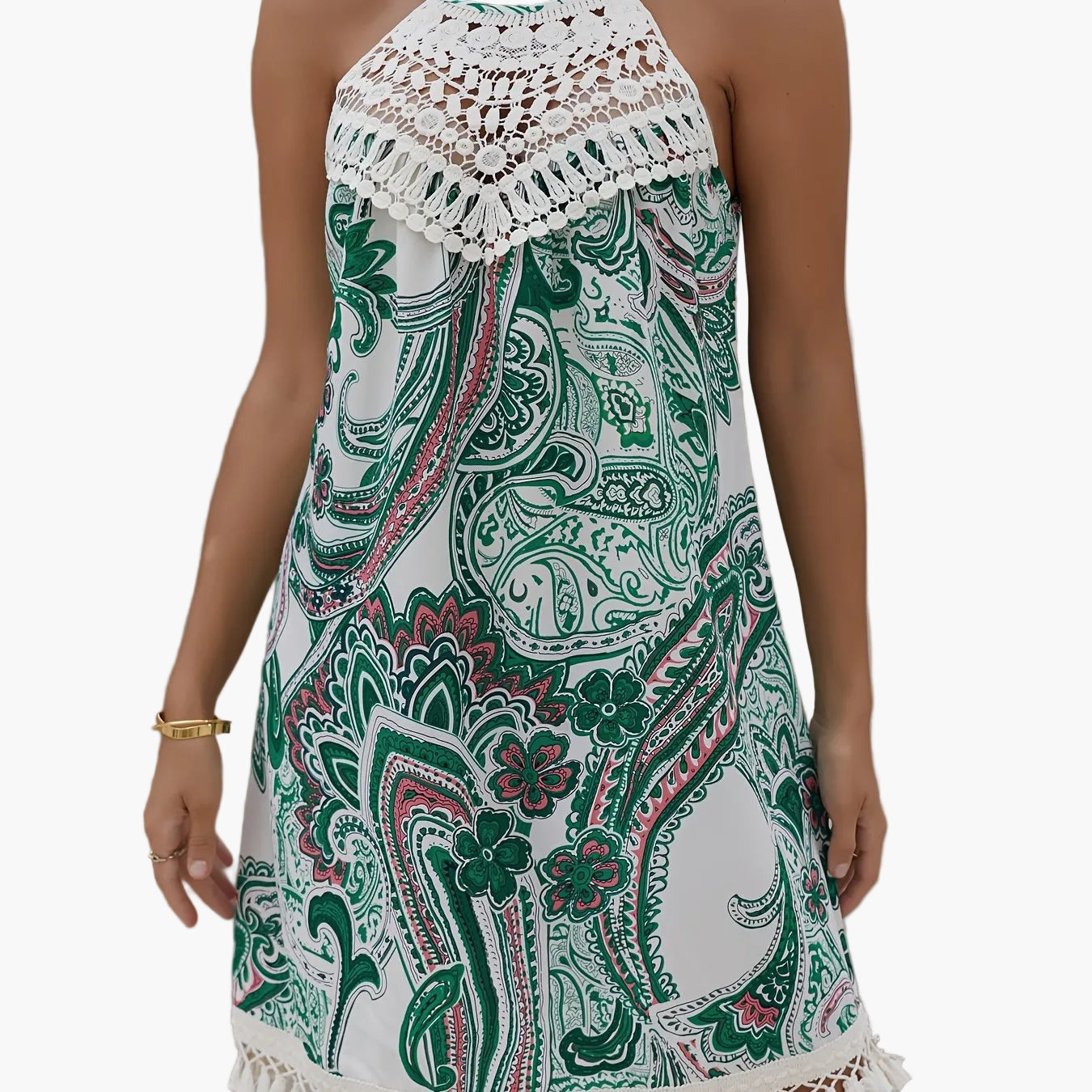 Damen Sommer Tunika Kleid im Boho-Stil mit Paisley-Print und Häkel-Details – Ideal für Strand und Freizeit