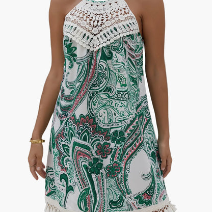 Damen Sommer Tunika Kleid im Boho-Stil mit Paisley-Print und Häkel-Details – Ideal für Strand und Freizeit