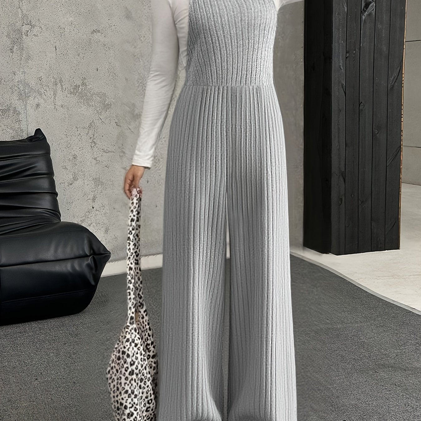 Mono para mujer de punto acanalado, pierna ancha, gris, peto enterizo