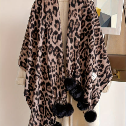 Schal mit Leopardenmuster und Pompons, weiches Material