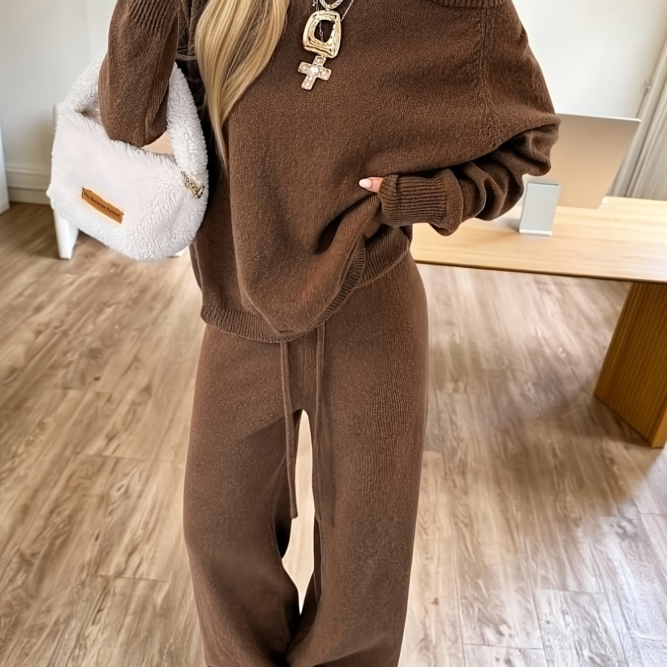 Damen Strick-Loungewear Set Braun mit weitem Bein