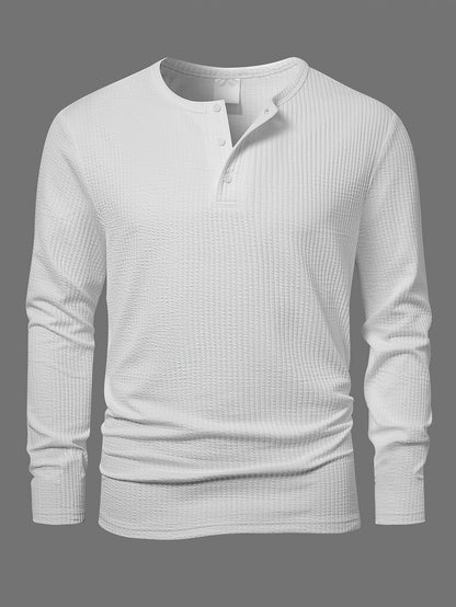 Camiseta de manga larga para hombre, de punto acanalado, con cuello Henley, informal