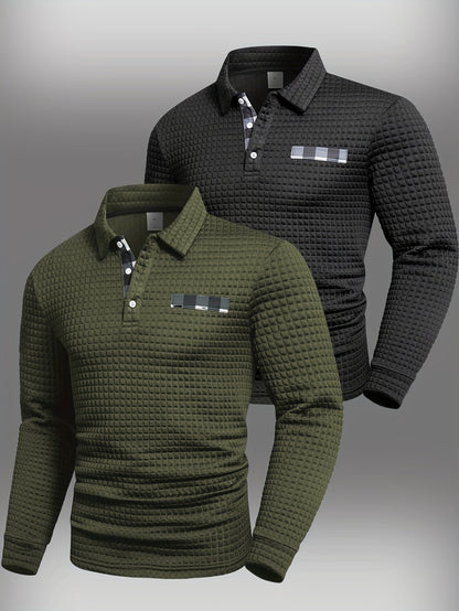 Herren Langarm Poloshirt strukturiert mit Kragen marineblau