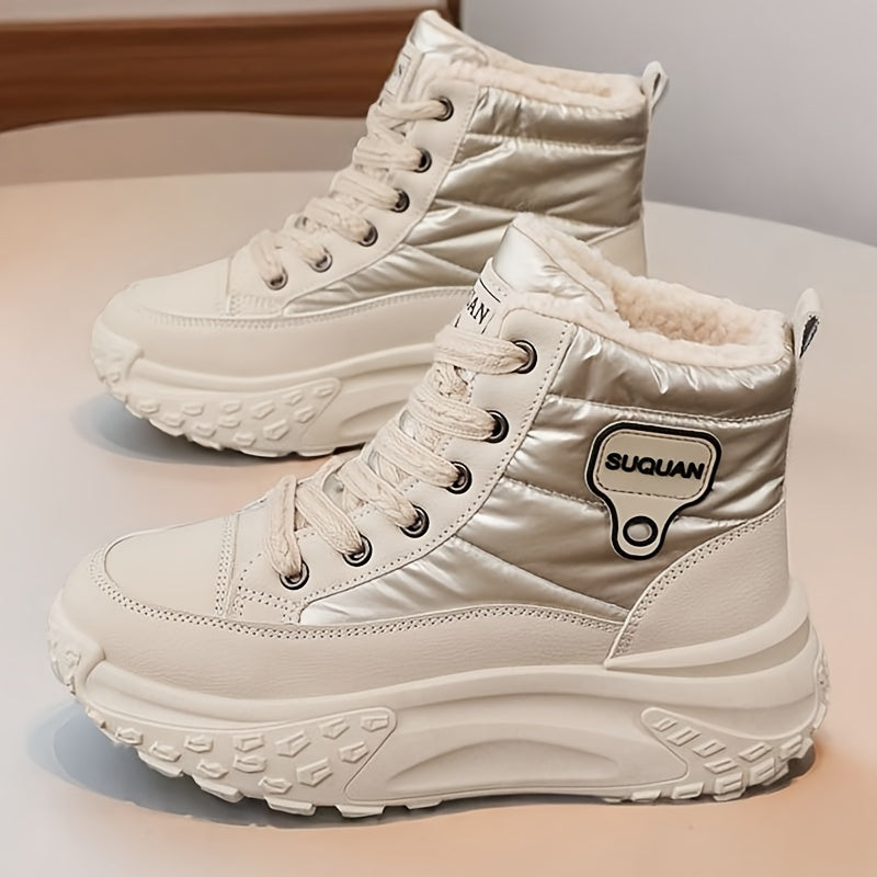Winterstiefeletten Damen Beige Gefüttert Plateau Sohle