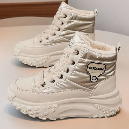 Winterstiefeletten Damen Beige Gefüttert Plateau Sohle