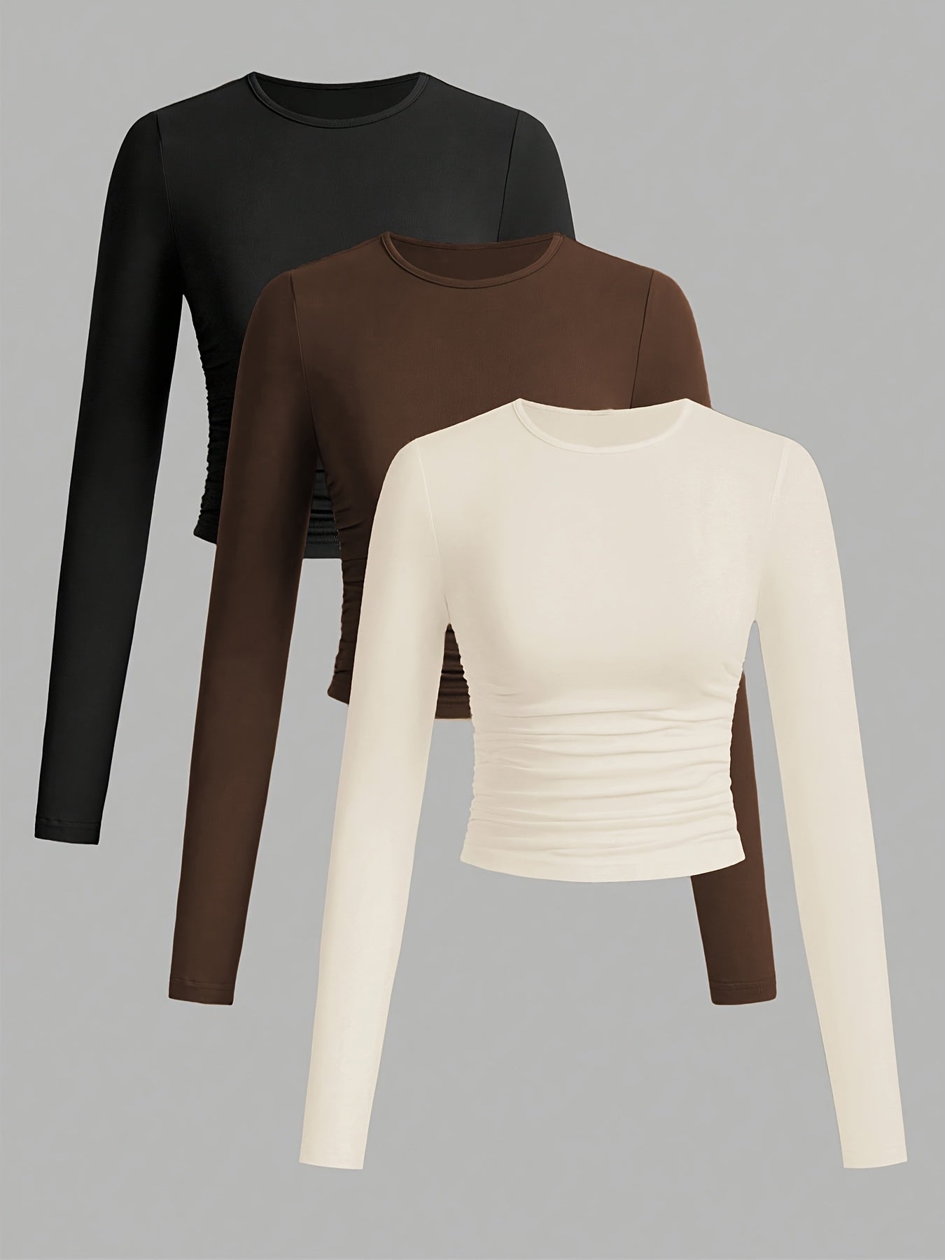 Damen Langarm Crop Top 3er-Pack mit Raffung, Rundhals