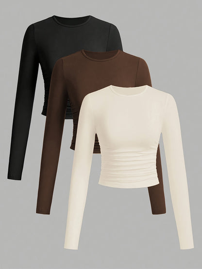 Damen Langarm Crop Top 3er-Pack mit Raffung, Rundhals