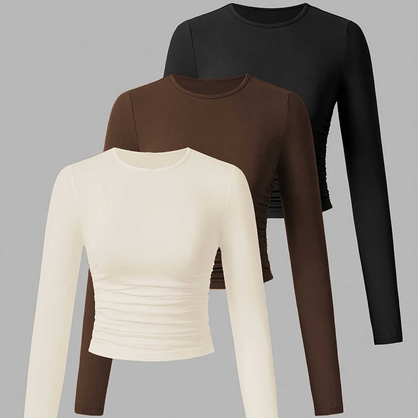 Damen Langarm Crop Top 3er-Pack mit Raffung, Rundhals