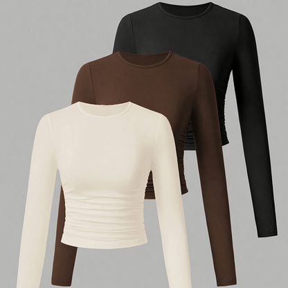 Damen Langarm Crop Top 3er-Pack mit Raffung, Rundhals