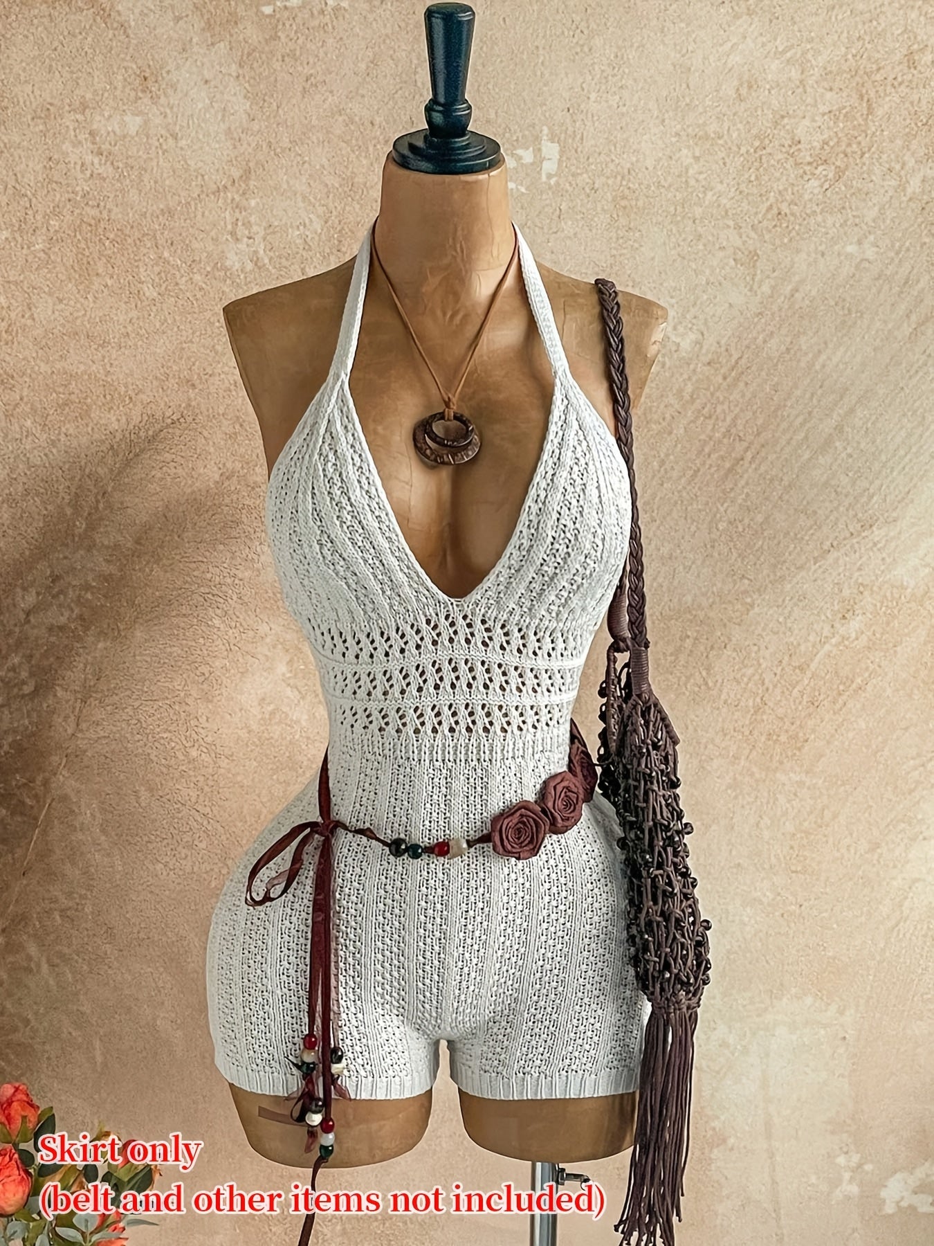 Mono de playa de crochet para mujer con escote en V y cuello halter – Jumpsuit bohemio de verano para vacaciones y playa