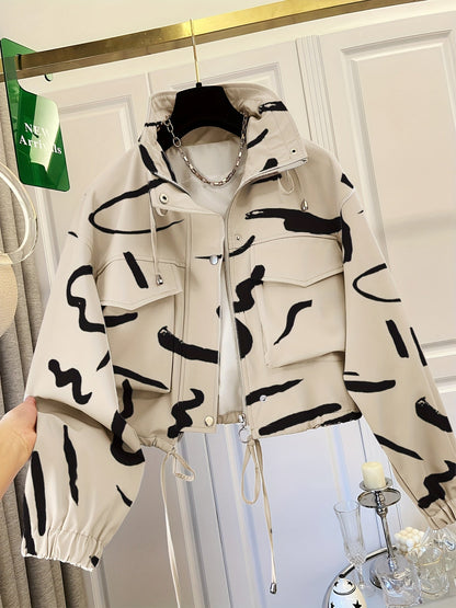 Damen Kurzjacke mit Reißverschluss und tropischem Blättermuster