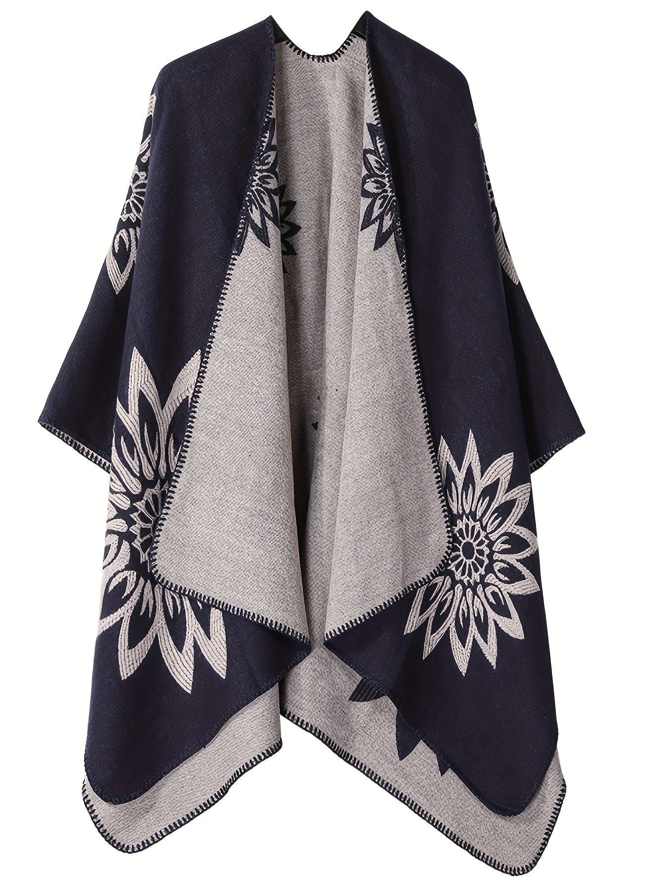 Poncho-omslag met bloemenpatroon, open voorkant, omkeerbaar, zwart-wit