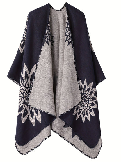 Poncho-omslag met bloemenpatroon, open voorkant, omkeerbaar, zwart-wit