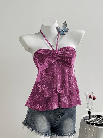Dame halterneck volant top med hjerteprint – romantisk sommer peplum top til fritid og udgang