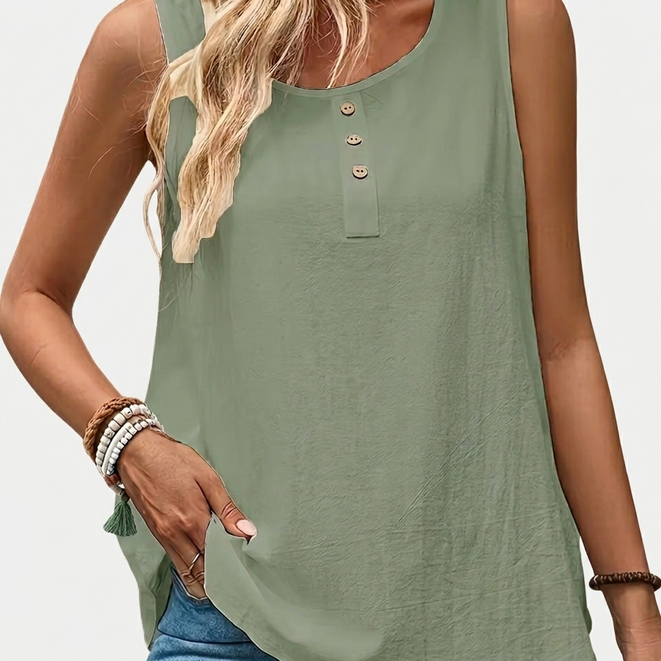 Top Henley sans manches décontracté pour femme avec patte de boutonnage, idéal pour le quotidien et l'été