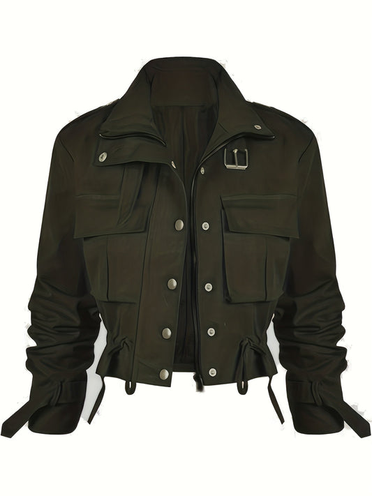 Kurze Damen Übergangsjacke im Utility-Stil mit Schnallen-Detail, Taschen und Kordelzug