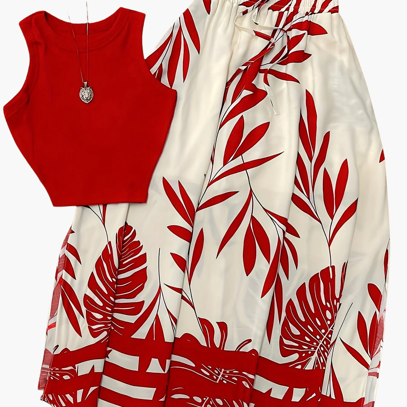 Damen Sommer-Urlaubsoutfit im tropischen Stil – Ärmelloses Top mit gemustertem Maxirock