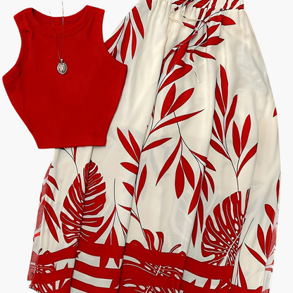 Damen Sommer-Urlaubsoutfit im tropischen Stil – Ärmelloses Top mit gemustertem Maxirock