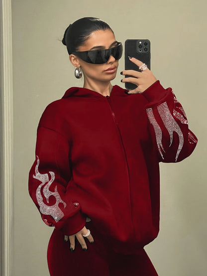 Hoodie met capuchon en strass-vlammenpatroon, zwart