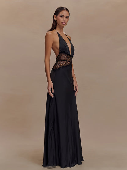 Vestido de noche elegante para mujer, corte ajustado y acampanado con encaje y escote en V profundo para ocasiones festivas