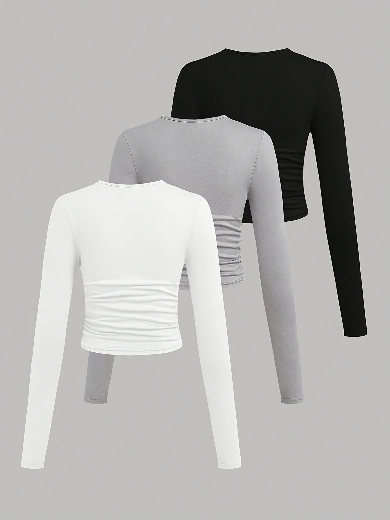 Damen Langarm Crop Top 3er-Pack mit Raffung, Rundhals