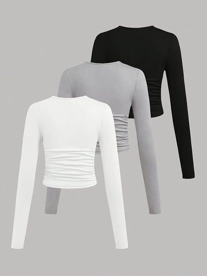 Damen Langarm Crop Top 3er-Pack mit Raffung, Rundhals