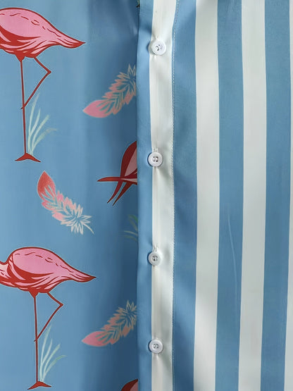 Herr sommar kortärmad fritidsset med flamingo- och randmönster – Perfekt för semester och vardag