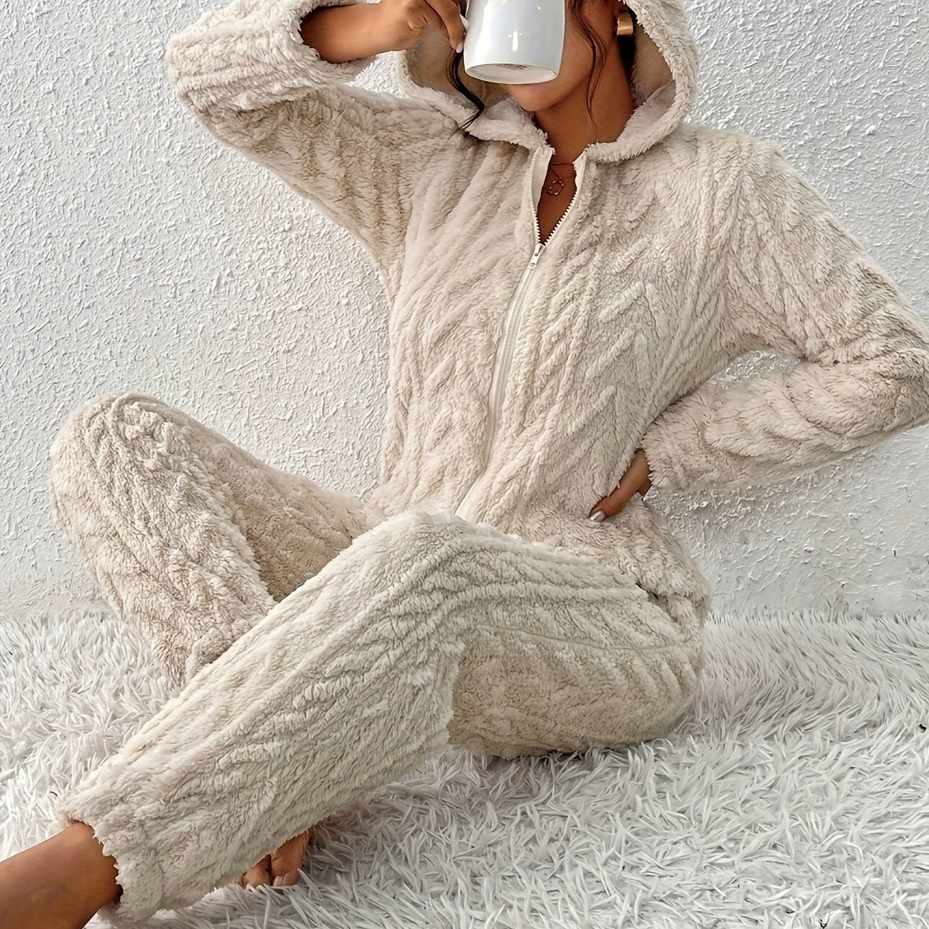 Damen Loungewear Overall Plüsch mit Kapuze und Reißverschluss