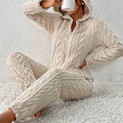 Damen Loungewear Overall Plüsch mit Kapuze und Reißverschluss