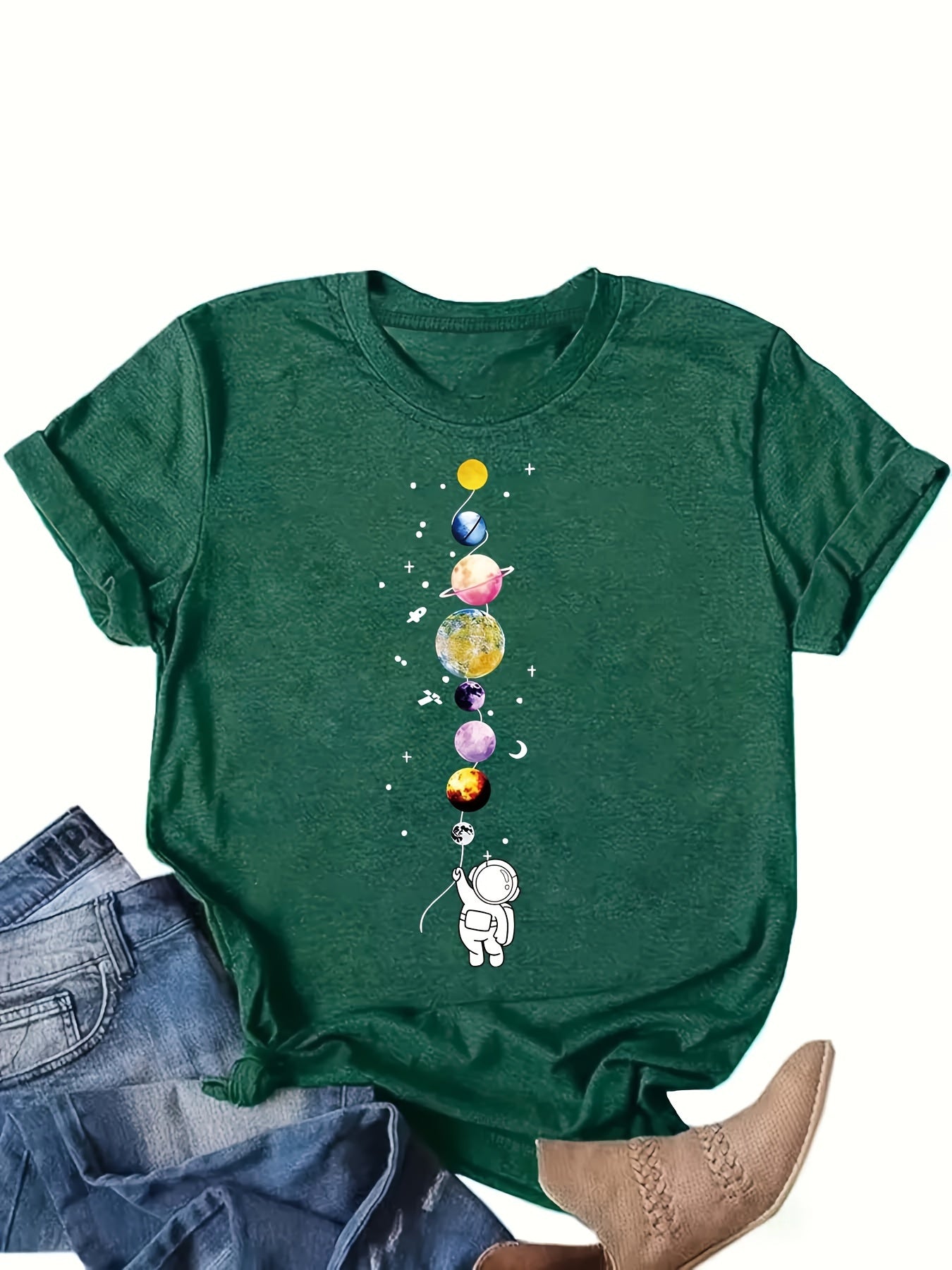 Damska koszulka z astronautą i planetami – casual, grafika, kosmiczny styl