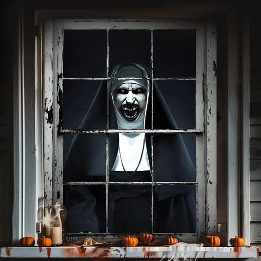 Halloween fönsterdekoration – Kuslig nunnefigur för spökhus & fest