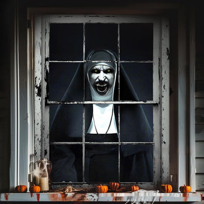 Halloweenowa dekoracja okienna – przerażająca figura zakonnicy do domu strachów i na imprezę