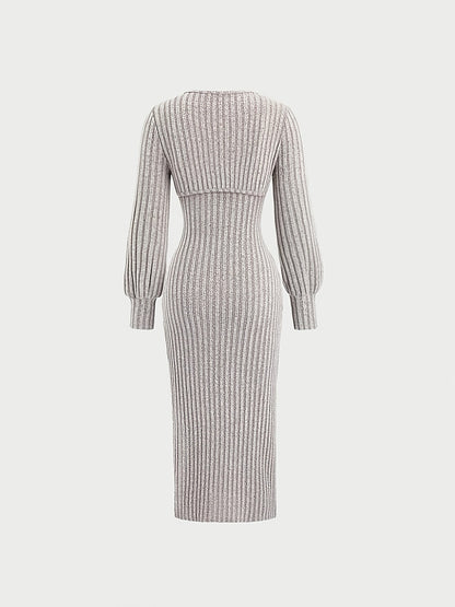 Damen Geripptes Midikleid mit Spaghettiträgern und Kurzpullover-Set