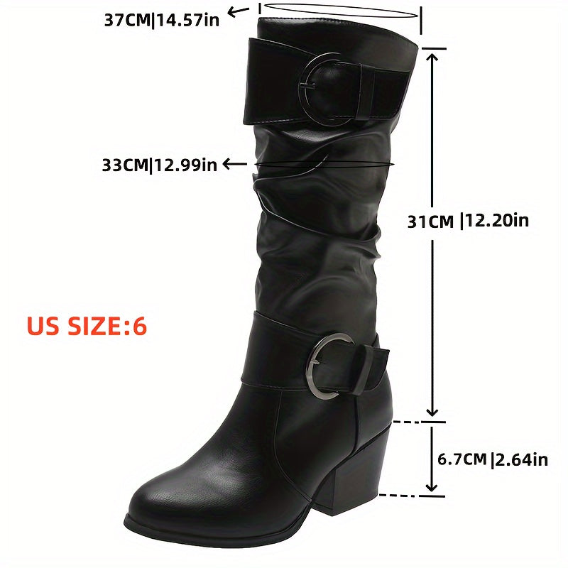 Damen Stiefel mit Schnallen und Blockabsatz, geraffter Schaft