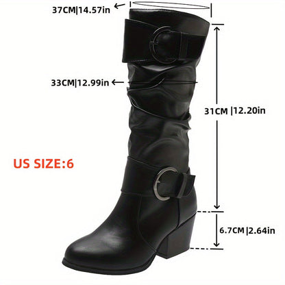 Damen Stiefel mit Schnallen und Blockabsatz, geraffter Schaft