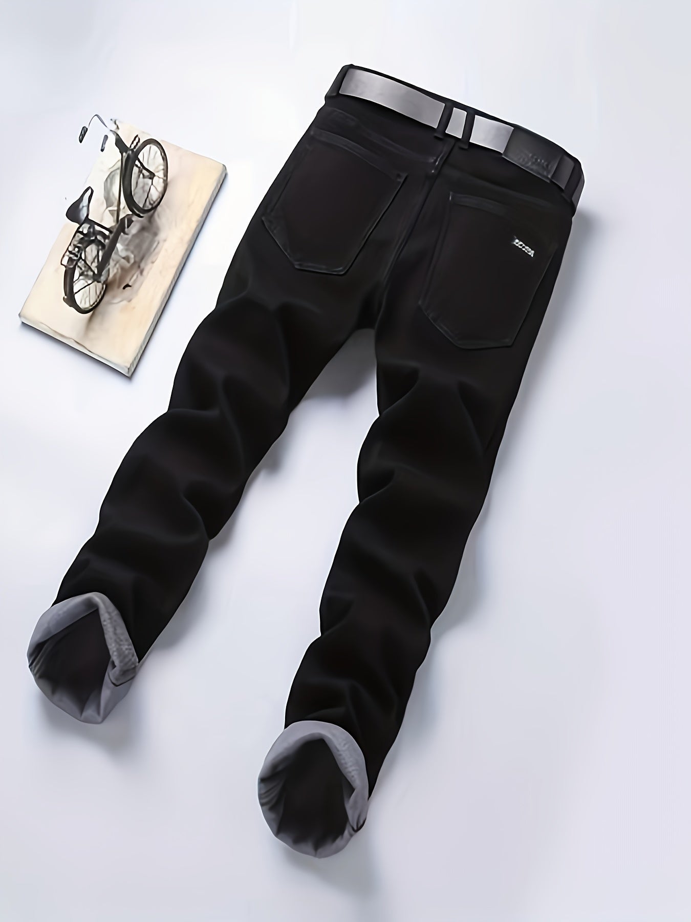 Herren Hose Schwarz Jeans-Stil Gürtelschlaufen Knopfleiste