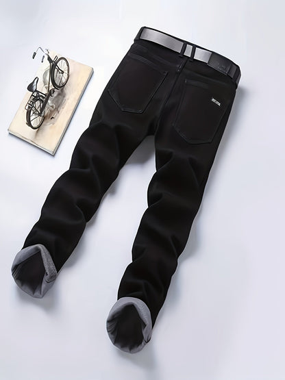 Herren Hose Schwarz Jeans-Stil Gürtelschlaufen Knopfleiste