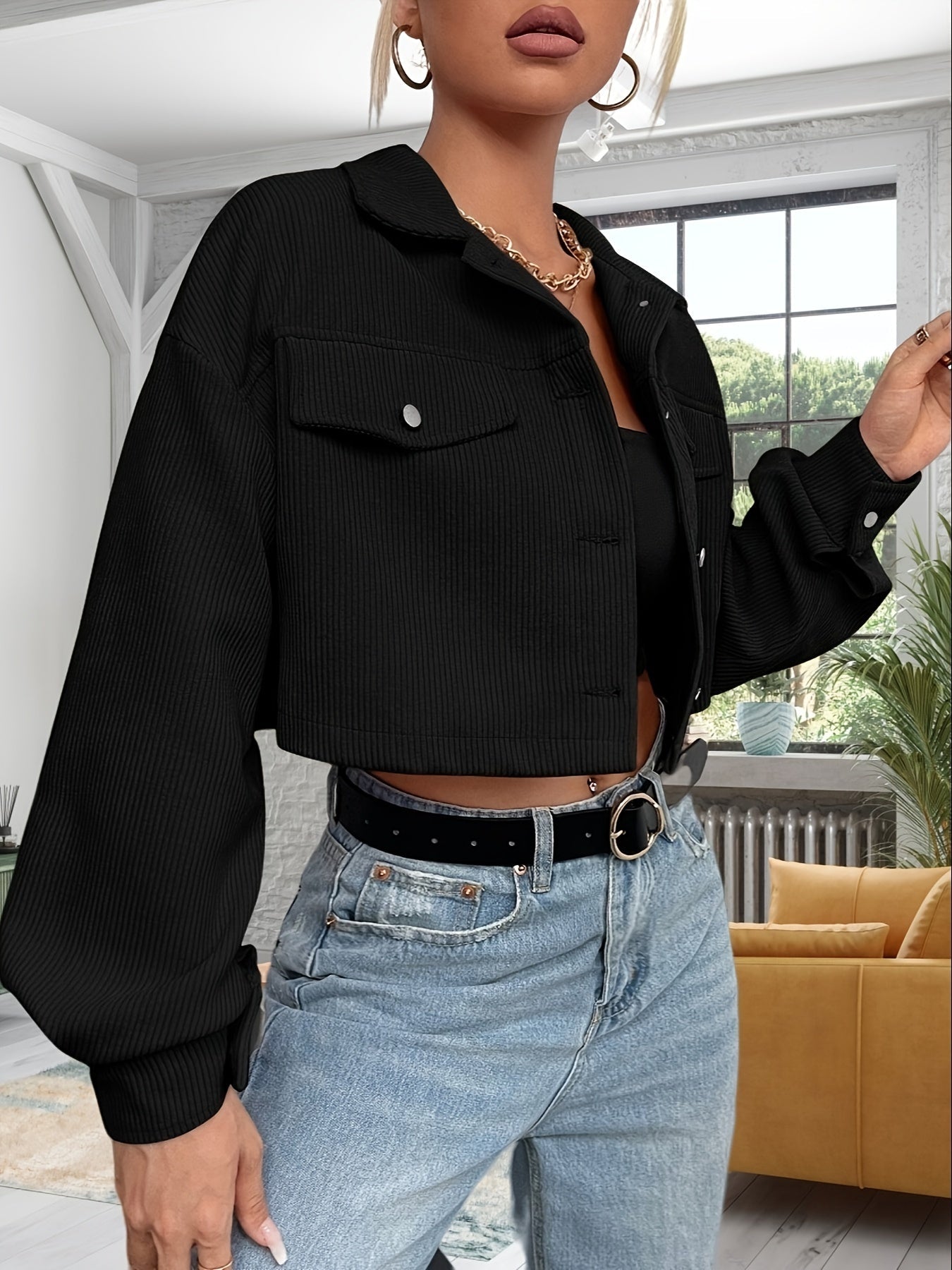 Damen Kurzjacke Rippstrick Cropped Jacke mit Knopfleiste & Brusttaschen