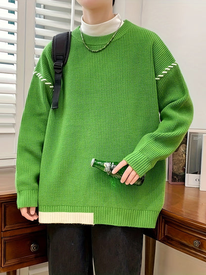 Unisex Strickpullover mit Rundhalsausschnitt und Kontraststreifen-Details, Langarm