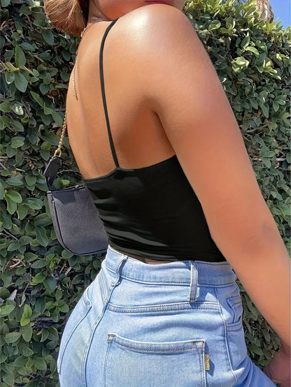 Top court femme avec nœud à l'avant et découpe – Top à bretelles spaghetti tendance pour le quotidien et les sorties