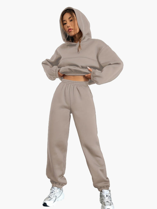 Dames Loungewear Set – Hoodie Crop Sweatshirt & Joggingbroek, Vrijetijdsoutfit, Sportieve Tweedelige Set