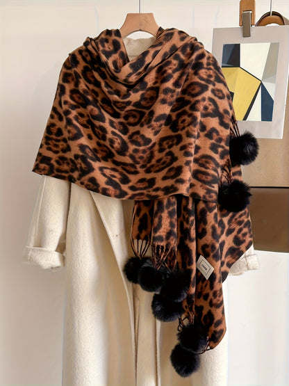 Schal mit Leopardenmuster und Pompons, weiches Material