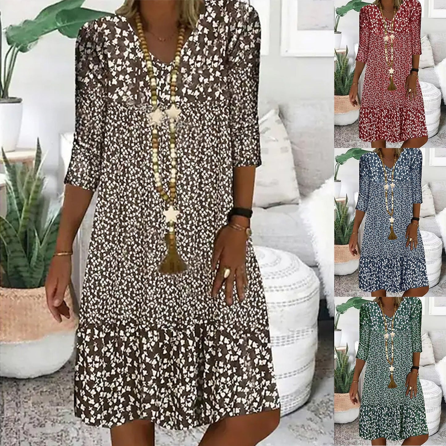 Abito estivo da donna stile principessa con motivo floreale, maniche 3/4, abito midi casual, comodo e alla moda