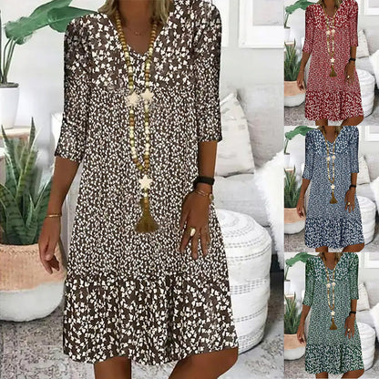 Abito estivo da donna stile principessa con motivo floreale, maniche 3/4, abito midi casual, comodo e alla moda