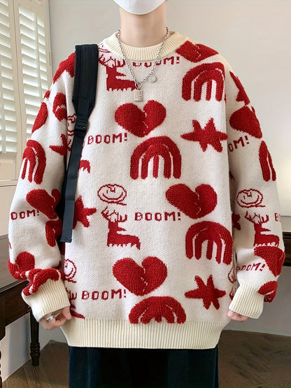 Unisex Strickpullover Rundhals mit Muster (Hirsch, Herz, Regenbogen)