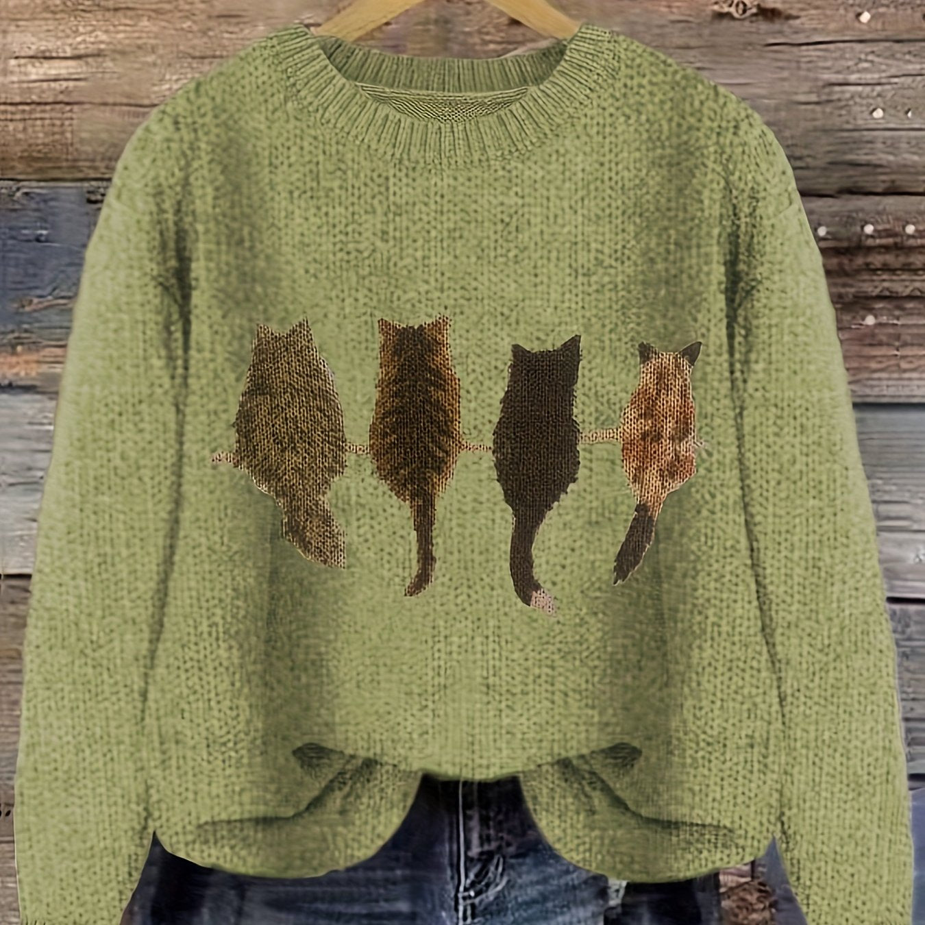 Damen Strickpullover mit Rundhalsausschnitt und Katzen-Print