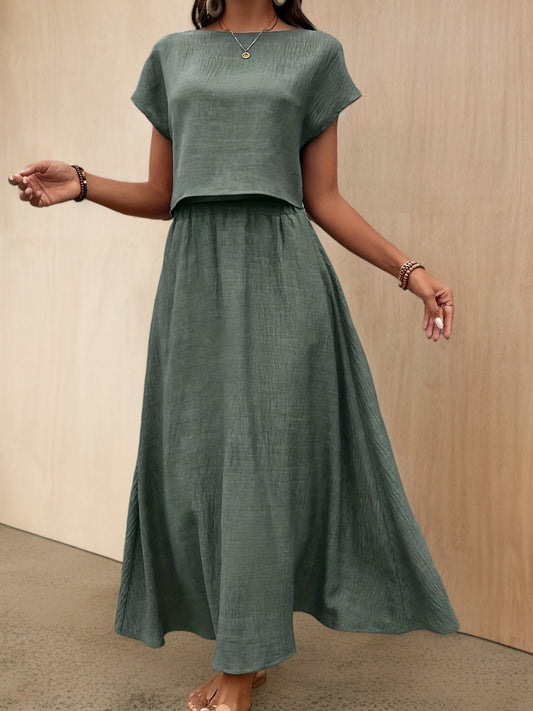 Dame todelt sæt maxi nederdel & kortærmet crop top elegant sommeroutfit