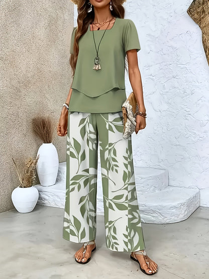 Damen Elegantes Sommer-Set mit Kurzarm-Shirt und weiter Hose, Freizeit-Outfit, Modernes Muster