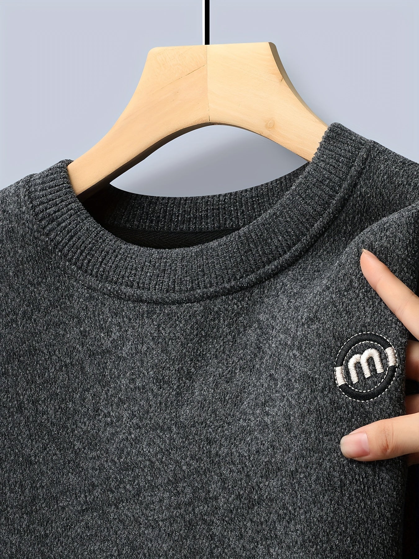 Unisex Winter Pullover Rundhals Grau meliert Warm gefüttert