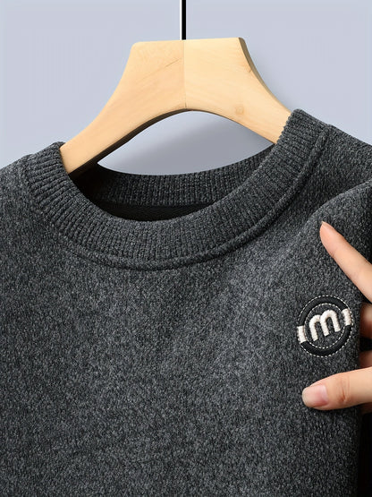 Unisex Winter Pullover Rundhals Grau meliert Warm gefüttert
